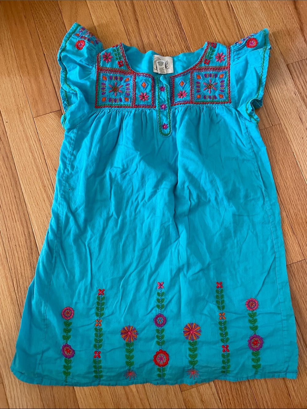Peek Turquoise Embroidered Flutter-Sleeve Dress